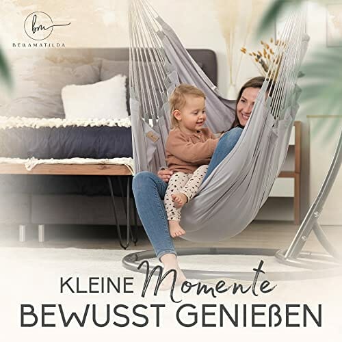 BELLAMATILDA fotel wiszący, 100% bawełna, bardzo długi i 3 poduszki, krzesło wiszące, do użytku na zewnątrz i wewnątrz, XXL dla dorosłych i dzieci, do 150 kg, do ogrodu, salonu, na balkon (jasnoszary) - obrazek 7