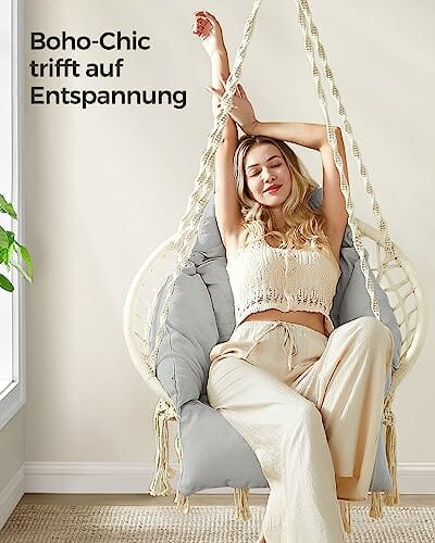 SONGMICS Fotel wiszący, huśtawka wisząca, krzesło wiszące z grubą poduszką, obciążenie do 120 kg, do ogrodu, na balkon, do salonu, na taras, styl skandynawski, nowoczesny, beżowo-szary GDC042G01 - obrazek 7