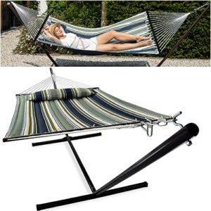 VITA5 Hamak outdoorowy – hamak ze stelażem do ogrodu, na basen i balkon – duży hamak dla 2 osób, podwójny hamak ze stojakiem, nośność 200 kg (ciemno-zielony/niebieski)