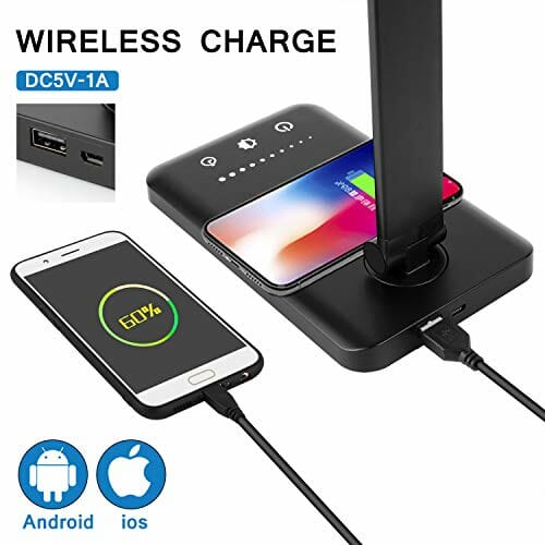 Wilktop Lampa biurkowa LED, ściemniana lampa stołowa 6 W, bezprzewodowe ładowanie i port ładowania USB, ochrona oczu, lampa do czytania, 10 poziomów jasności, 5 kolorów paneli dotykowych, lampa stołowa dla czytelników - obrazek 17