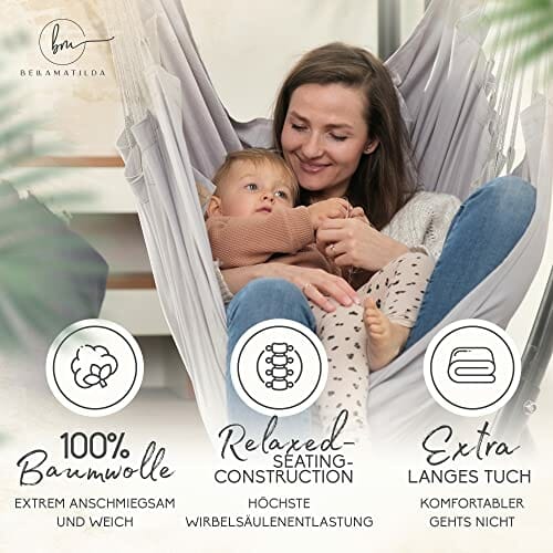 BELLAMATILDA fotel wiszący, 100% bawełna, bardzo długi i 3 poduszki, krzesło wiszące, do użytku na zewnątrz i wewnątrz, XXL dla dorosłych i dzieci, do 150 kg, do ogrodu, salonu, na balkon (jasnoszary) - obrazek 2