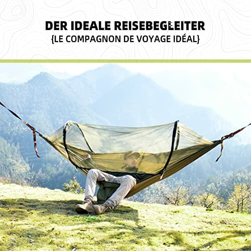 BTRWOR Hamak, hamak outdoorowy z moskitierą | nylonowy hamak podróżny | nośność 300 kg | 260 x 140 cm | akcesoria kempingowe do użytku na zewnątrz, wewnątrz z pasami na drzewo (oliwkowy) - obrazek 2