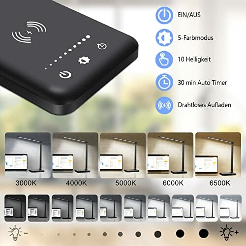 Wilktop Lampa biurkowa LED, ściemniana lampa stołowa 6 W, bezprzewodowe ładowanie i port ładowania USB, ochrona oczu, lampa do czytania, 10 poziomów jasności, 5 kolorów paneli dotykowych, lampa stołowa dla czytelników - obrazek 15