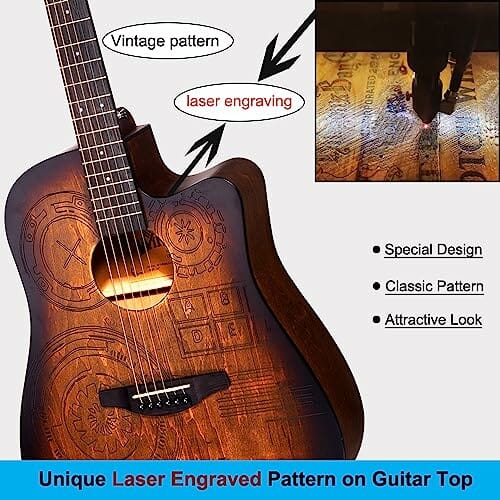 Gitara Winzz Western 4/4, gitara akustyczna dla dorosłych, 41 cali, zestaw gitarowy dla początkujących (grawerunek w stylu vintage), brązowa - obrazek 9
