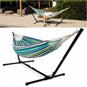 VITA5 Hamak ze stelażem do użytku na zewnątrz – hamak dla 2 osób, do ogrodu i na balkon, podwójny hamak z uchwytem na napoje, przenośny hamak, nośność 200 kg (zielony/niebieski)