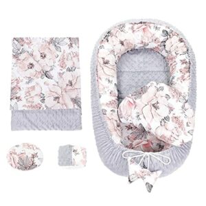 Kokon niemowlęcy zestaw noworodek 90x50 cm Minky - przytulanka Kokon niemowlęcy 5-częściowy kokon dzika róża jasnoszary