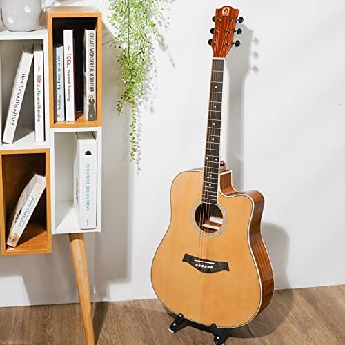 Vangoa Gitara akustyczna 4/4, dla początkujących dorosłych, gitara westernowa Cutaway drewno świerkowe, zestaw dla początkujących z 6 stalowymi strunami, paskiem, kostkami do uderzania, naturalna - obrazek 5
