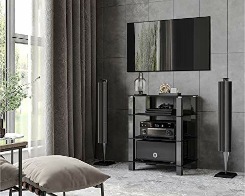 FITUEYES HiFi stojak AV półka 4-poziomowy szklany stojak pod telewizor z półkami do przechowywania nośników ze szkła hartowanego, czarny AS406002 GB - obrazek 7