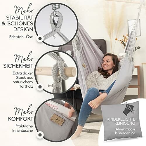 BELLAMATILDA fotel wiszący, 100% bawełna, bardzo długi i 3 poduszki, krzesło wiszące, do użytku na zewnątrz i wewnątrz, XXL dla dorosłych i dzieci, do 150 kg, do ogrodu, salonu, na balkon (jasnoszary) - obrazek 5