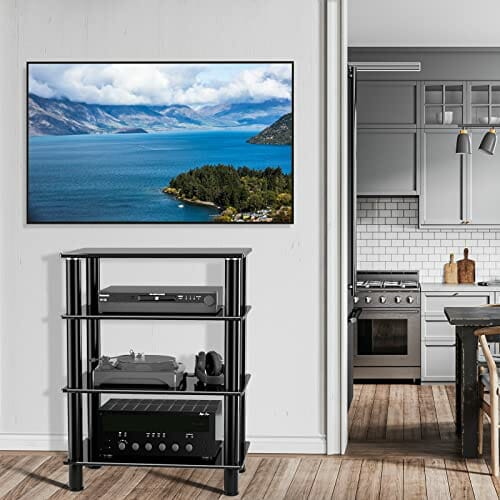 RFIVER Stojak HiFi Półka AV Stojak na stolik pod telewizor 4 poziomy Półki ze szkła hartowanego na gramofon Gramofon Stojak na konsolę Xbox Płyta do rozrywki audio Szafka multimedialna Czarny - obrazek 7