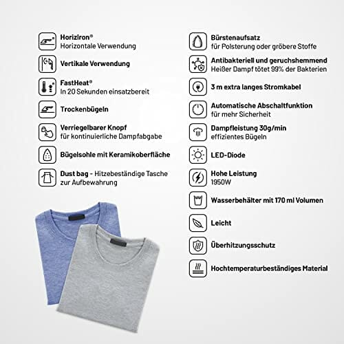 Żelazko turystyczne Lauben 1950BC turystyczna prasownica parowa z szybkim rozruchem, pionowe i poziome prasowanie, sznurek o długości 3 m, zbiornik na wodę 170 ml, torba odporna na wysokie temperatury, funkcja Dry Ironing - obrazek 2