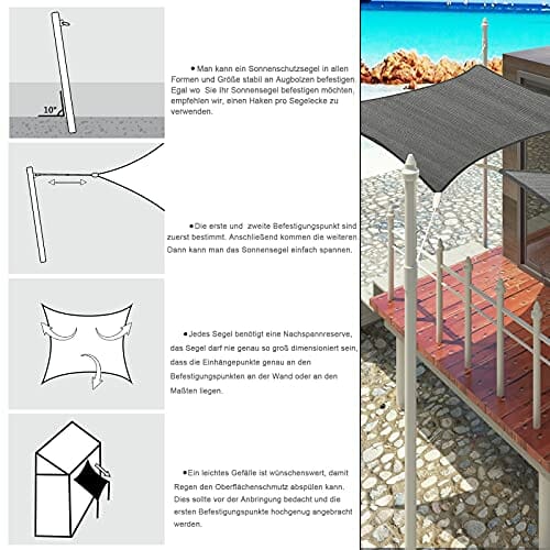 EUGAD Sonnensegel Quadrat 4x4m Sonnenschutz 200g/m² Garten Balkon Terrasse HDPE Wetterschutz atmungsaktiv Grau 0188ZYF - obrazek 3