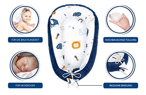 Zestaw gniazdek niemowlęcych noworodek 90x50 cm Aksamit - przytulanki gniazdko Kokon 5-częściowy tęczowy ciemnoniebieski - obrazek 4