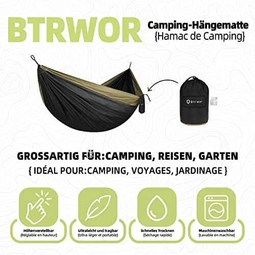 BTRWOR Hamak - ultralekki hamak kempingowy podróżny, podwójny i pojedynczy, nośność 300 kg, oddychający, szybkoschnący, przenośny hamak, do użytku na zewnątrz, wewnątrz, do ogrodu - obrazek 6