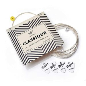 BELFORT struny do gitary koncertowej, struny do gitary klasycznej z nylonu i srebra, zestaw 6 strun, w zestawie 4 kostki + ekstra wysokie struny E