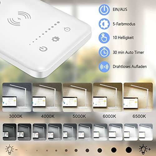Wilktop Lampa biurkowa LED, ściemniana lampa stołowa 6 W, bezprzewodowe ładowanie i port ładowania USB, ochrona oczu, lampa do czytania, 10 poziomów jasności, 5 kolorów panel dotykowy sterowanie lampa stołowa do czytania - obrazek 14