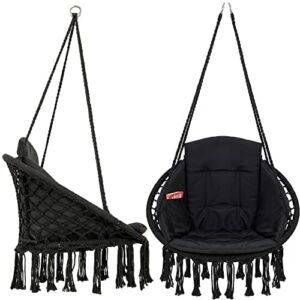 VITA5 Makramee fotel wiszący, do użytku wewnątrz – wygodny, styl boho, do ogrodu i na balkon, huśtawka z miękką poduszką, wiszący fotel do użytku na zewnątrz, z pokrowcem odpornym na warunki atmosferyczne (czarny)