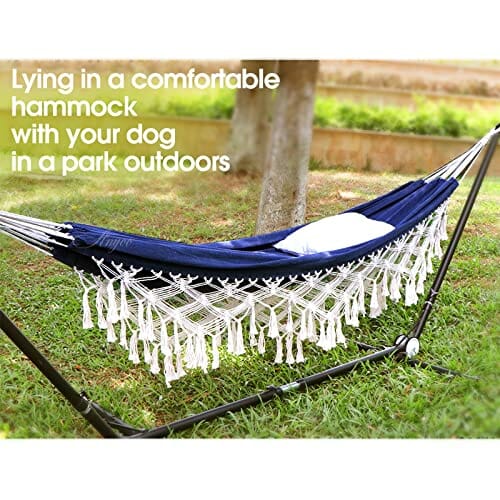 Anyoo Bawełniany hamak z frędzlami, przenośny, kompaktowy, outdoorowy hamak z wiszącymi paskami i torbą do przenoszenia, do ogrodu, na patio, ganek, obciążenie 200 kg - obrazek 3