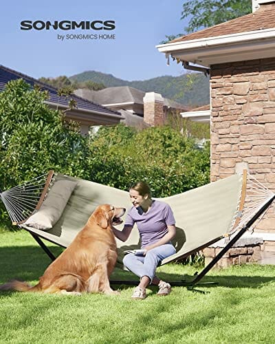 SONGMICS Hamak dla 2 osób, wyściełany, hamak outdoorowy z oddzielnymi bambusowymi drążkami, hamak kempingowy z poduszkami, 200 x 140 cm, maks. obciążenie 225 kg, kremowo-beżowy GDC34BE - obrazek 7