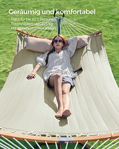 SONGMICS Hamak dla 2 osób, wyściełany, hamak outdoorowy z oddzielnymi bambusowymi drążkami, hamak kempingowy z poduszkami, 200 x 140 cm, maks. obciążenie 225 kg, kremowo-beżowy GDC34BE - obrazek 5