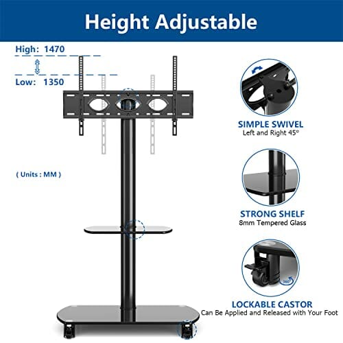 RFIVER Mobilny stojak na telewizor do większości płaskich i zakrzywionych wózków telewizyjnych o przekątnej 32–70 cali, z półkami ze szkła hartowanego, zamykane kółka, uchwyt, obrotowa regulacja wysokości, maks. VESA 600 x 400 mm - obrazek 6