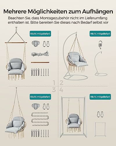 SONGMICS Fotel wiszący, huśtawka wisząca, krzesło wiszące z grubą poduszką, obciążenie do 120 kg, do ogrodu, na balkon, do salonu, na taras, styl skandynawski, nowoczesny, beżowo-szary GDC042G01 - obrazek 3