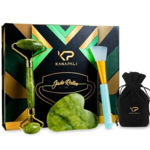 Kanapali 3 w 1 zestaw do pielęgnacji skóry, oryginalny zestaw do masażu twarzy z jadeitu i Gua Sha, w 100% z naturalnego jadeitu, zielony wałek do masażu twarzy, skuteczny w przypadku podkrążonych oczu i zmarszczek, w zestawie pudełko magnetyczne i 2 aksamitne woreczki