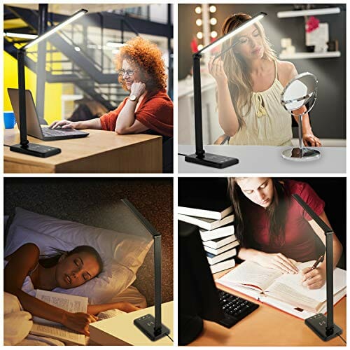 Wilktop Lampa biurkowa LED, ściemniana lampa stołowa 6 W, bezprzewodowe ładowanie i port ładowania USB, ochrona oczu, lampa do czytania, 10 poziomów jasności, 5 kolorów paneli dotykowych, lampa stołowa dla czytelników - obrazek 12