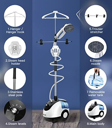 TICWELL Profesjonalna parownica parowa 1600 W ze zbiornikiem na wodę 2,4 l i parą o czasie 90 min, szybkie nagrzewanie 25 s, tryb samooczyszczania - obrazek 2