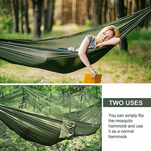 LATTCURE Hamak z moskitierą, pasek do noszenia i karabińczykiem, wykonany z nylonu spadochronowego, nośność do 300 kg, do ogrodu, na podróż, kemping - obrazek 9