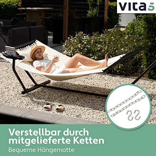 Hamak ze stojakiem z kubkiem i zdejmowaną poduszką, hamak dla 2-osobowy, wytrzymały 204 kg, hamak do wewnątrz i na zewnątrz: patio, basen, podwórko (beżowy) - obrazek 10