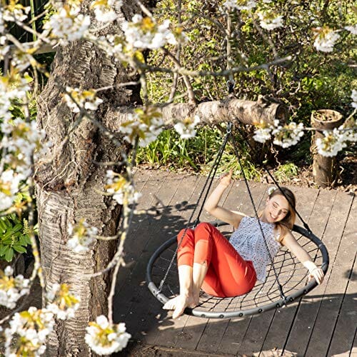 Relaxdays Huśtawka ogrodowa z siatką, Ø 120 cm, huśtawka ogrodowa dla dzieci i dorosłych, do 150 kg, regulowana, czarna, wys. x śr.: ok. 4,5 x 120 cm - obrazek 6