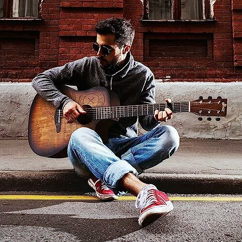 Gitara Winzz Western 4/4, gitara akustyczna dla dorosłych, 41 cali, zestaw gitarowy dla początkujących (grawerunek w stylu vintage), brązowa - obrazek 4