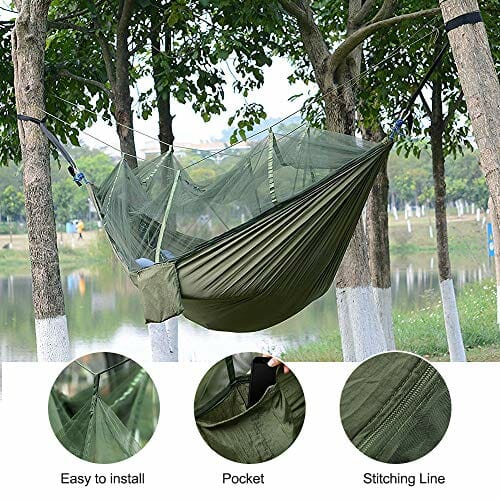 LATTCURE Hamak z moskitierą, pasek do noszenia i karabińczykiem, wykonany z nylonu spadochronowego, nośność do 300 kg, do ogrodu, na podróż, kemping - obrazek 2