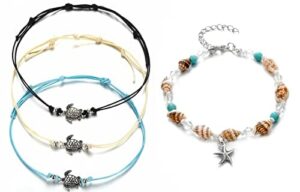 Liitata 4 Stück Seestern Schildkröte Fußkettchen Set Boho Schildkröten Fußkettchen Handmade Gewebt Fußband Geschichtet Perlen Fußkette Verstellbare Strand Fußschmuck für Frauen Mädchen