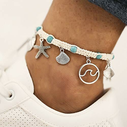 Liitata Boho Fußkettchen Türkis Fußkettchen Handgemacht Geflochten Fußbändchen Muscheln Seestern Welle Knöchel Armband Verstellbare Sommer Hawaii Strand Fußschmuck für Frauen Mädchen - obrazek 3