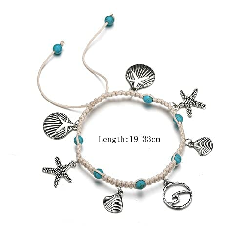 Liitata Boho Fußkettchen Türkis Fußkettchen Handgemacht Geflochten Fußbändchen Muscheln Seestern Welle Knöchel Armband Verstellbare Sommer Hawaii Strand Fußschmuck für Frauen Mädchen - obrazek 7