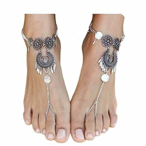 Edary Boho-Fußkettchen, hohl, geschnitzt, Silbermünze, Knöchel-Armband, Strandfuß-Schmuck für Frauen und Mädchen (1 Stück)