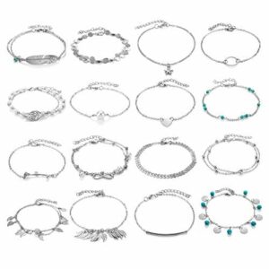 16 Stück Boho Fußkettchen Set Silber für Damen Kinder Mädchen Frauen Frau Barfuß, Charm Verstellbare Strand Knöchel Ketten Fußkette Band Fußband Armbänder Fuß Schmuck Geschenk für Urlaub Geburtstag
