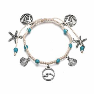 Liitata Boho Fußkettchen Türkis Fußkettchen Handgemacht Geflochten Fußbändchen Muscheln Seestern Welle Knöchel Armband Verstellbare Sommer Hawaii Strand Fußschmuck für Frauen Mädchen