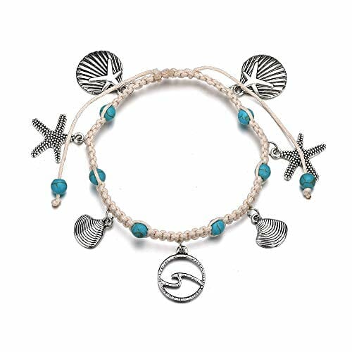 Liitata Boho Fußkettchen Türkis Fußkettchen Handgemacht Geflochten Fußbändchen Muscheln Seestern Welle Knöchel Armband Verstellbare Sommer Hawaii Strand Fußschmuck für Frauen Mädchen