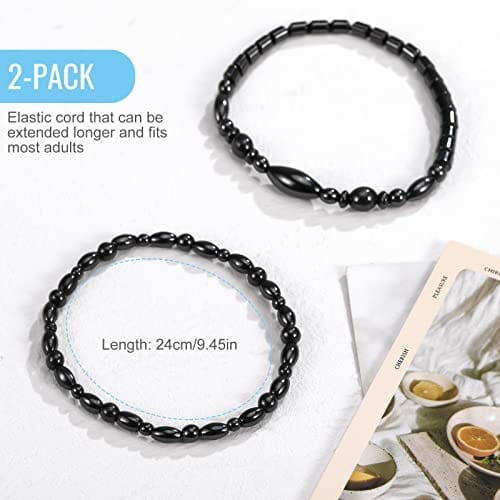 Emibele Magnetisches Fußkettchen für Damen, 2 Stück Hämatit Perlen Magnettherapie Fußkette mit Elastischem Seil, Anti-Schwellung & Gewichtsverlust & Angstabbau Schmuck für Frauen, Schwarz - obrazek 2