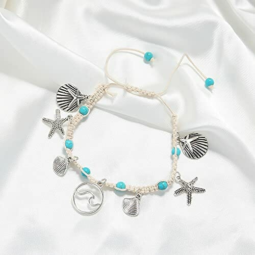Liitata Boho Fußkettchen Türkis Fußkettchen Handgemacht Geflochten Fußbändchen Muscheln Seestern Welle Knöchel Armband Verstellbare Sommer Hawaii Strand Fußschmuck für Frauen Mädchen - obrazek 5