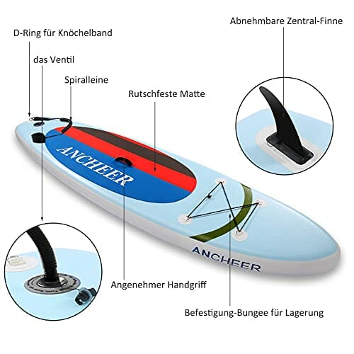 ANCHEER Nadmuchiwana deska SUP z akcesoriami premium i torbą do przenoszenia, regulowanym wiosłem, spiralną linką, pompką ręczną (czerwono-niebieska), 30" x 15 cm - obrazek 3