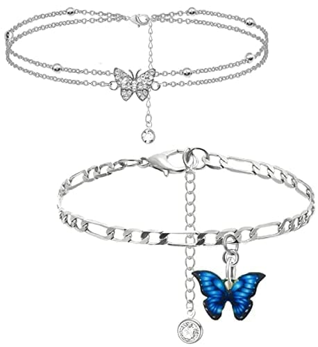 Liitata Damen Schmetterling Fußkettchen Verstellbare Geschichtete Fußkettchen Sommer Strand Schmuck Fußkettchen für Frauen Mädchen 2 Stück