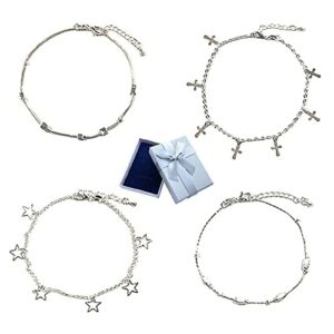 Yijunmca 4 PCS 925er Sterling Silber Fußkette mit Schmuckbox Damen Strand Knöchelkette Verstellbar Armband Vielfalt Anhänger Bracelet Doppelschicht Fußbändchen für Frauen Mädchen Schmuck Accessoire
