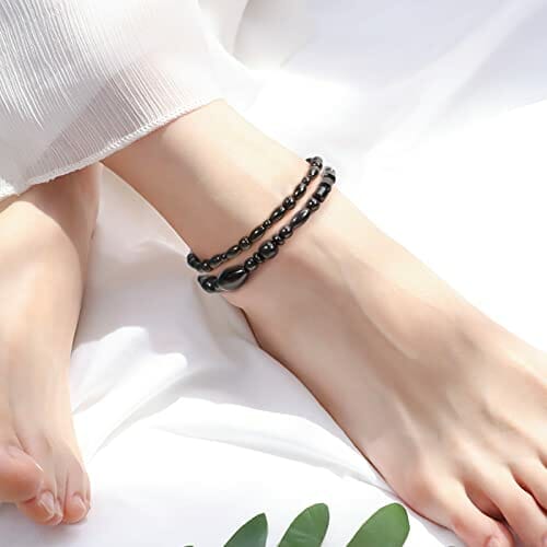 Emibele Magnetisches Fußkettchen für Damen, 2 Stück Hämatit Perlen Magnettherapie Fußkette mit Elastischem Seil, Anti-Schwellung & Gewichtsverlust & Angstabbau Schmuck für Frauen, Schwarz - obrazek 3