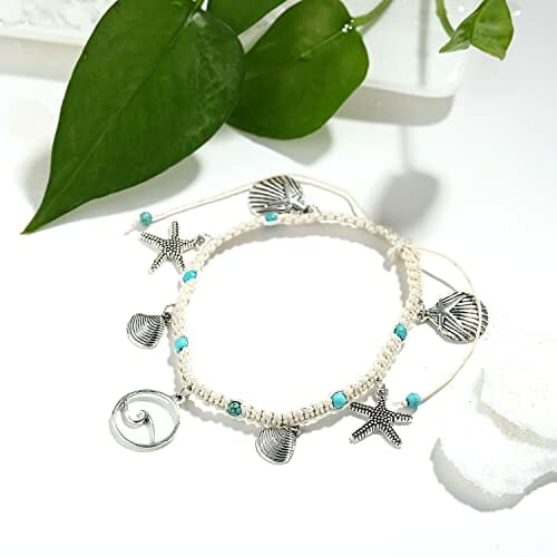 Liitata Boho Fußkettchen Türkis Fußkettchen Handgemacht Geflochten Fußbändchen Muscheln Seestern Welle Knöchel Armband Verstellbare Sommer Hawaii Strand Fußschmuck für Frauen Mädchen - obrazek 2