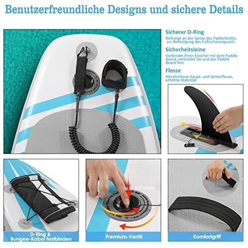Nadmuchiwana deska Stand Up Paddle, zestaw iSUP z kompletnymi akcesoriami i plecakiem, szeroka, antypoślizgowa, duża płetwa, regulowane wiosło, linka, pompka ręczna, dla młodzieży i dorosłych - obrazek 3