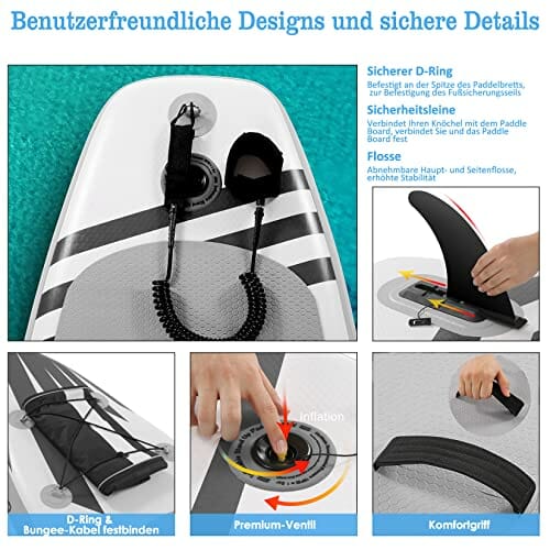 Nadmuchiwana deska Stand Up Paddle, zestaw iSUP z kompletnymi akcesoriami i plecakiem, szeroka, antypoślizgowa, duża płetwa, regulowane wiosło, linka, pompka ręczna, dla młodzieży i dorosłych - obrazek 3